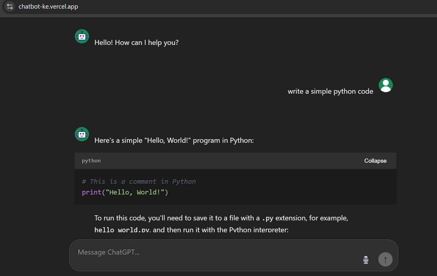 Chatbot-KE code rendering conversational user interface