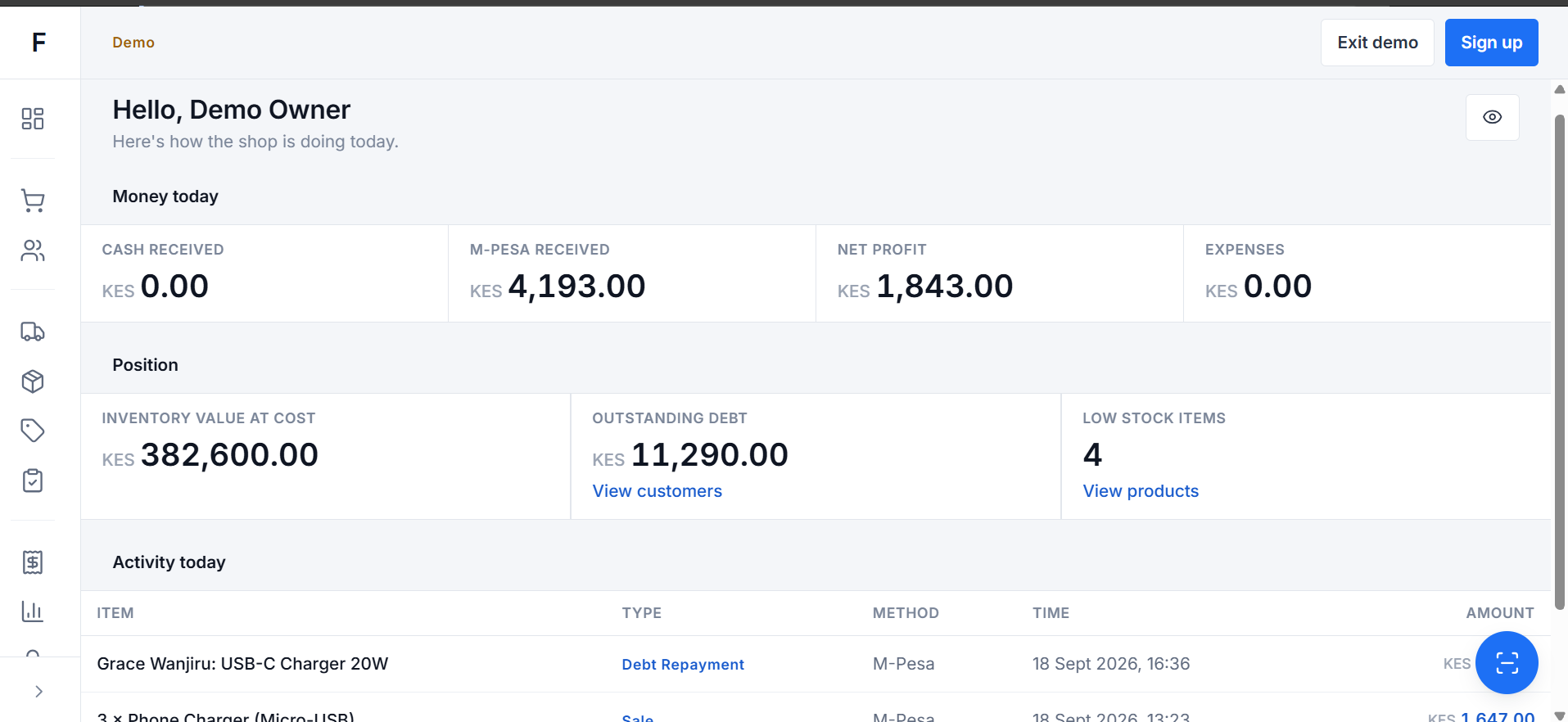 FlowBiz POS shop management dashboard screenshot